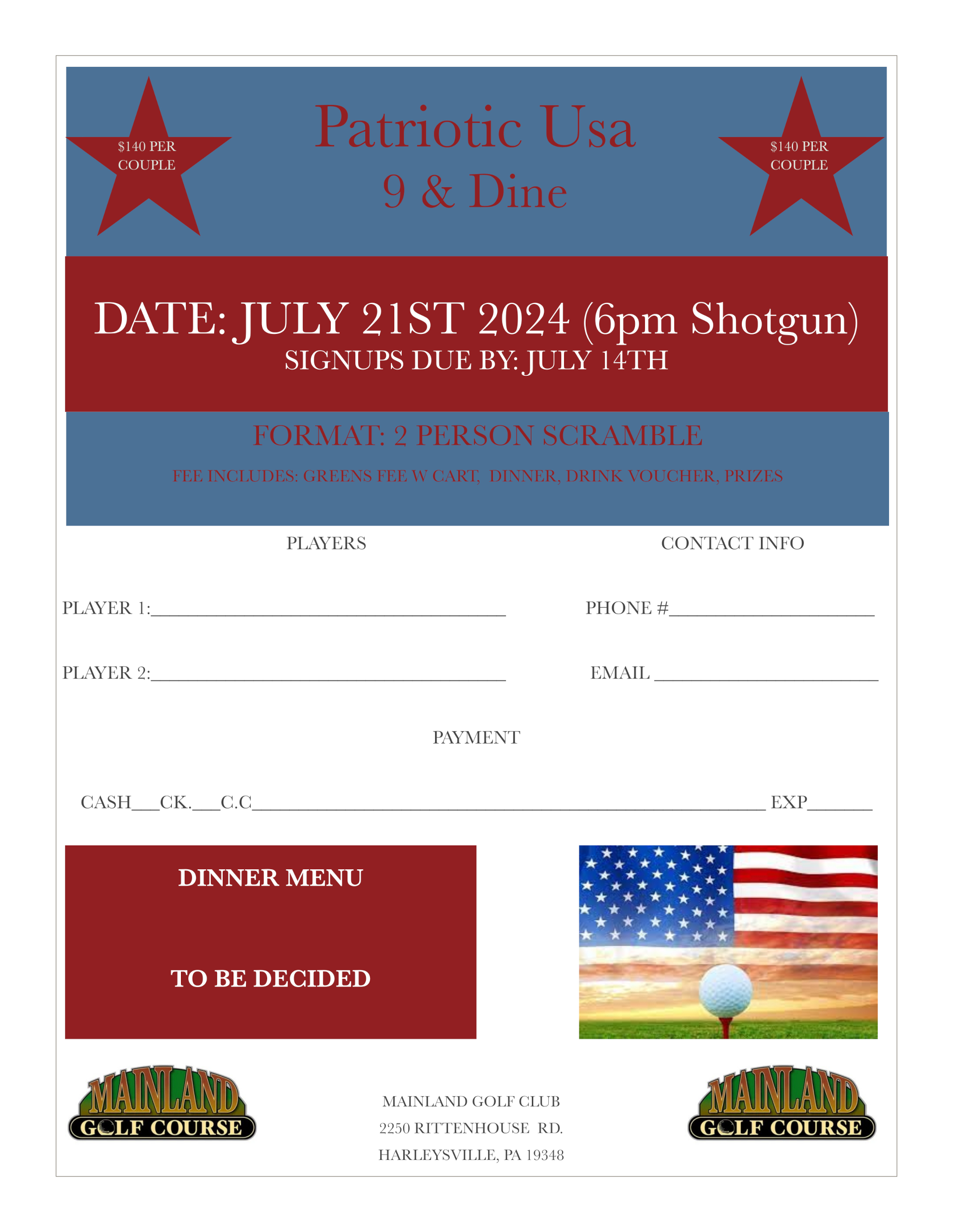 Mainland Golf Course | Patriotic USA 9 & Dine - (March 2024) Mainland Golf Course Patriotic USA 9 & Dine – (March 2024) MGC (2024) Patriotic USA 9 & Dine (Event / Flyer)